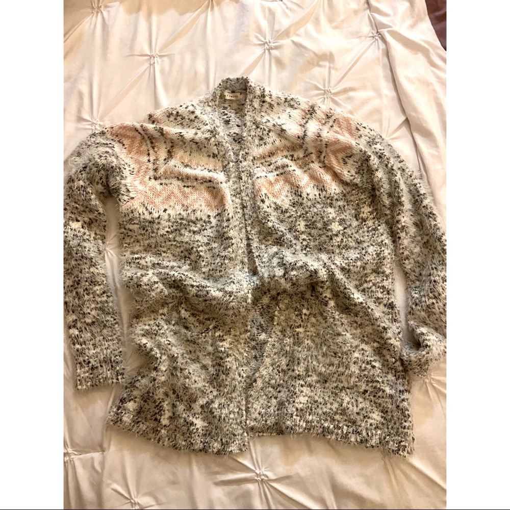 Cozy Retorlogy Pink and Grey Fuzzy Open Cardigan